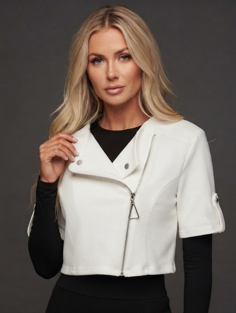 Aleeza Paris Naomi Stretch Ivory White Biker Jacket Top Moto Crop Large NWT - Picture 1 of 12